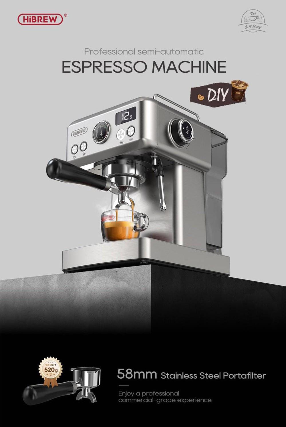 HiBREW H10A Macchina per caffè espresso semiautomatica, pressione 19 bar,  montalatte, temperatura regolabile, brocca da 350 ml
