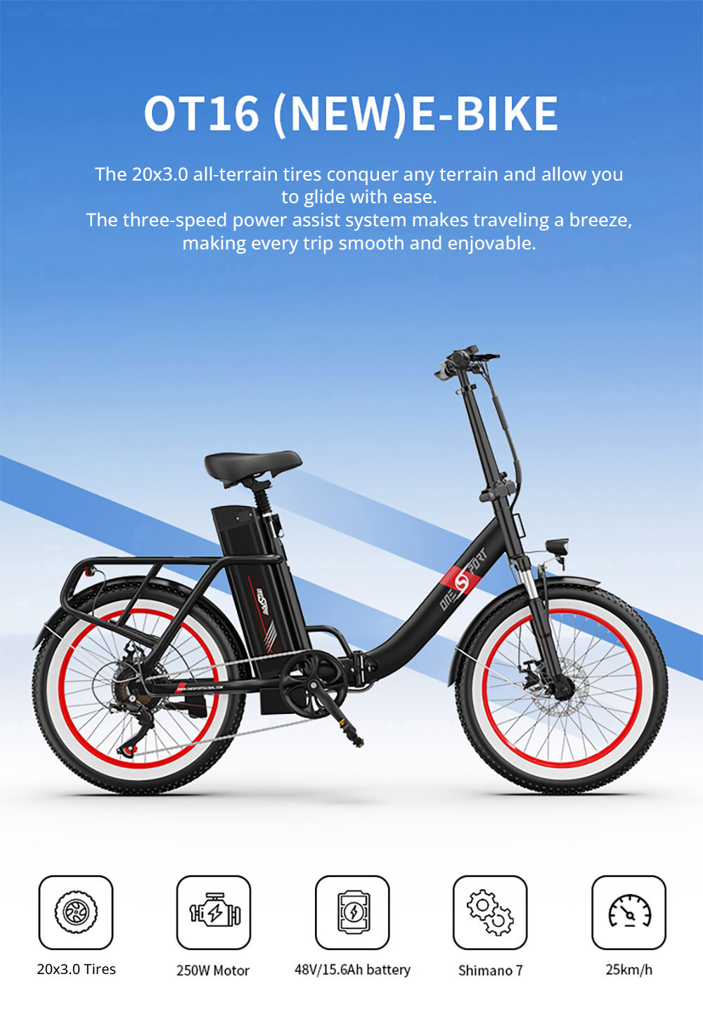 ONESPORT OT16-2 Electric, 250W Motor, 48V 15.6Ah Battery, 20*3.0 inch Tires, 25km/h Max Speed, 120km Range, Mechanical Disc Bra