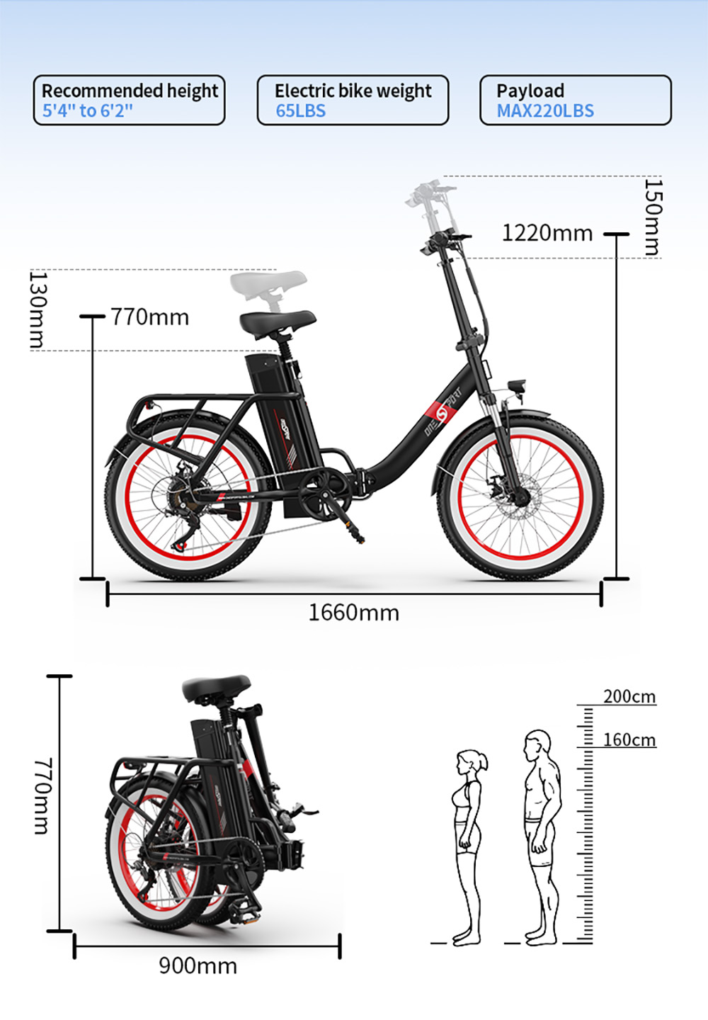 ONESPORT OT16-2 Electric, 250W Motor, 48V 15.6Ah Battery, 20*3.0 inch Tires, 25km/h Max Speed, 120km Range, Mechanical Disc Bra