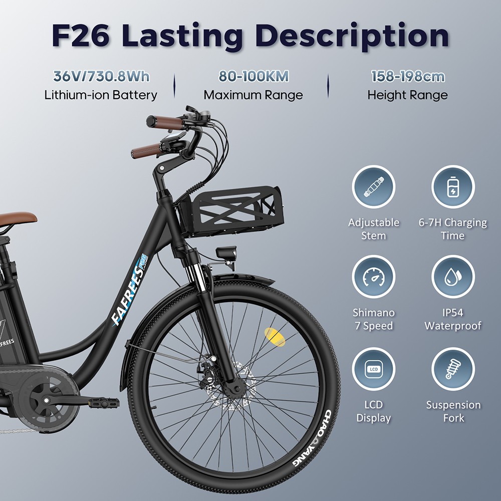 Fafrees F26 Lasting Electric Bike 250W Motor 36V 20 3Ah Battery 26*1 95'' Tires 25km/h Max Speed 140km Range SHIMANO 7 Sp
