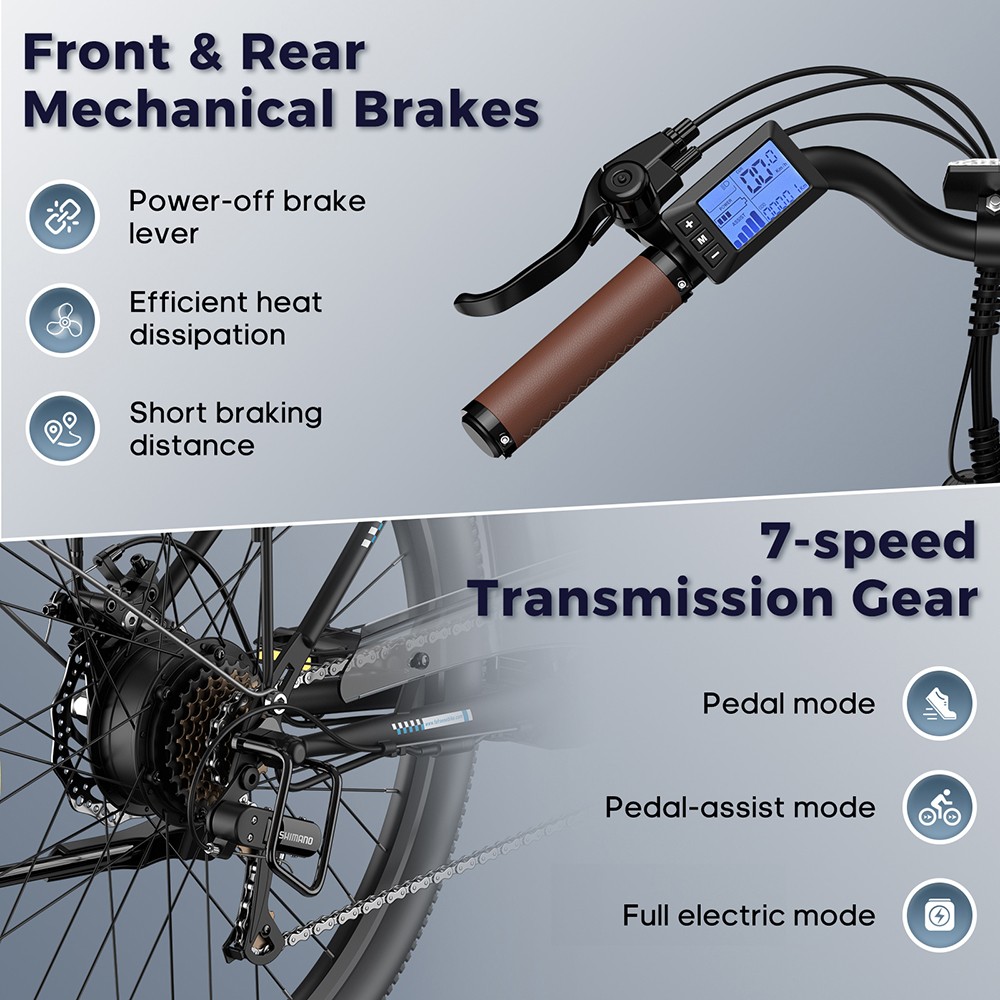 Fafrees F26 Lasting Electric Bike 250W Motor 36V 20 3Ah Battery 26*1 95'' Tires 25km/h Max Speed 140km Range SHIMANO 7 Sp