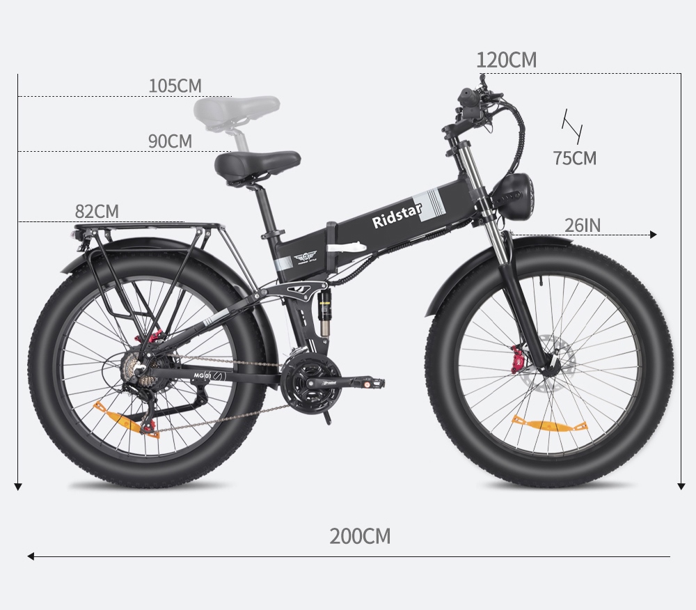 Ridstar H26 Pro Electric Bike 26*4 0 inch Fat Tires 1000W Motor 48V/20Ah Battery 36mph Max Speed 90km Range