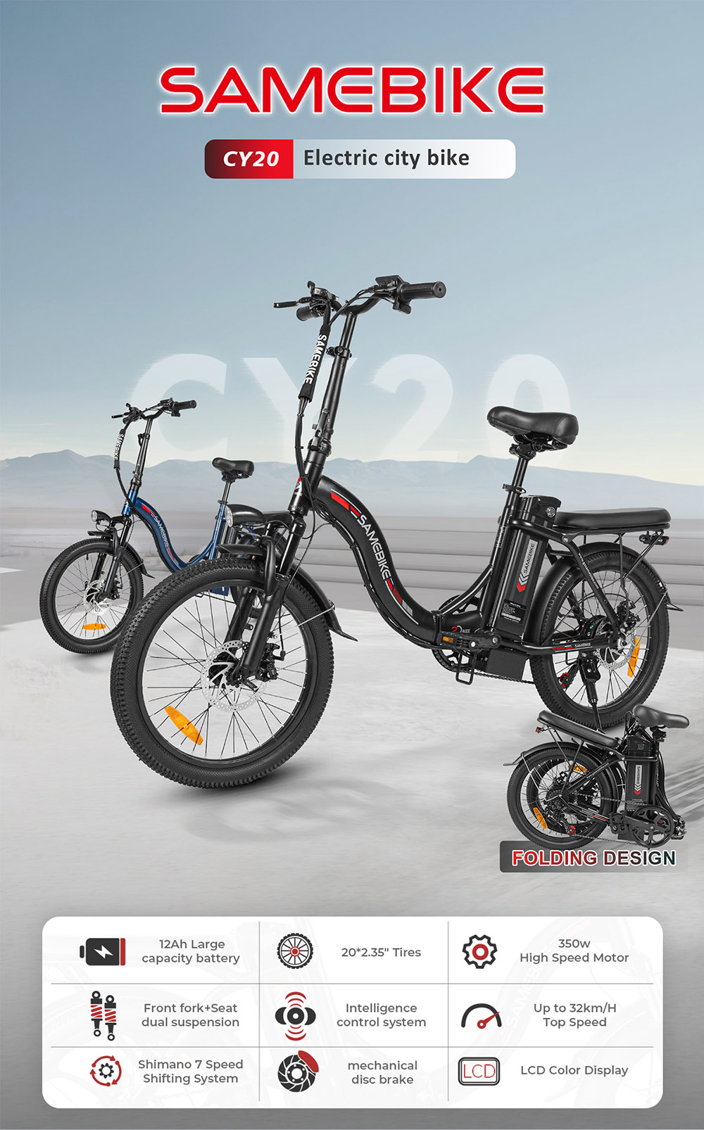 SAMEBIKE CY20 Folding Electric Bike 20*2 35-inch Spoke Wheel 350W Motor 36V 12Ah Battery 32km/h Max Speed 80km Max Range