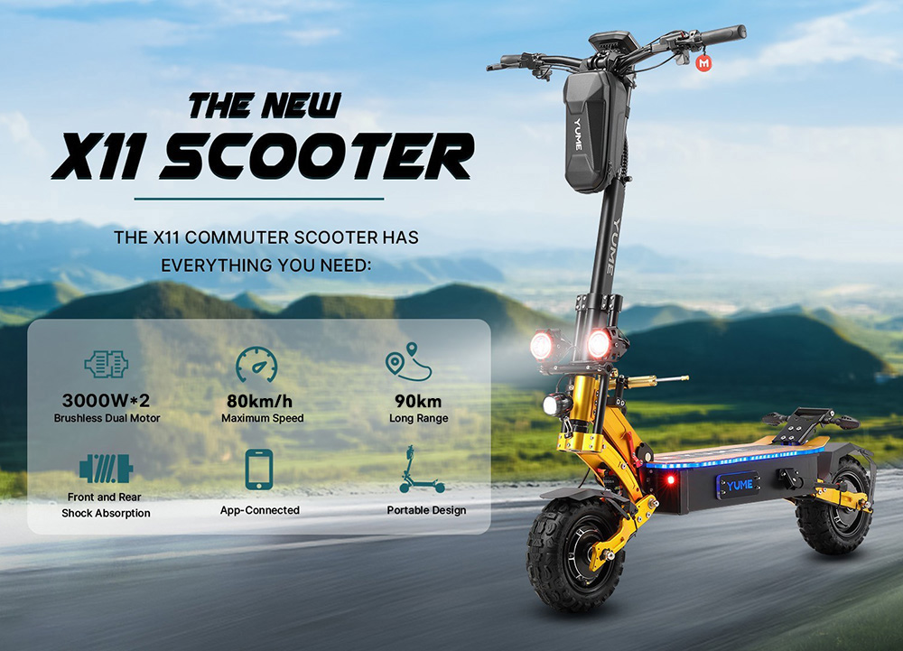YUME X11  Electric Scooter  3000W*2 Motor  60V 27Ah Battery  11-inch Off-road Fat Tires  80km/h Max Speed  90km Max Range  EBS 