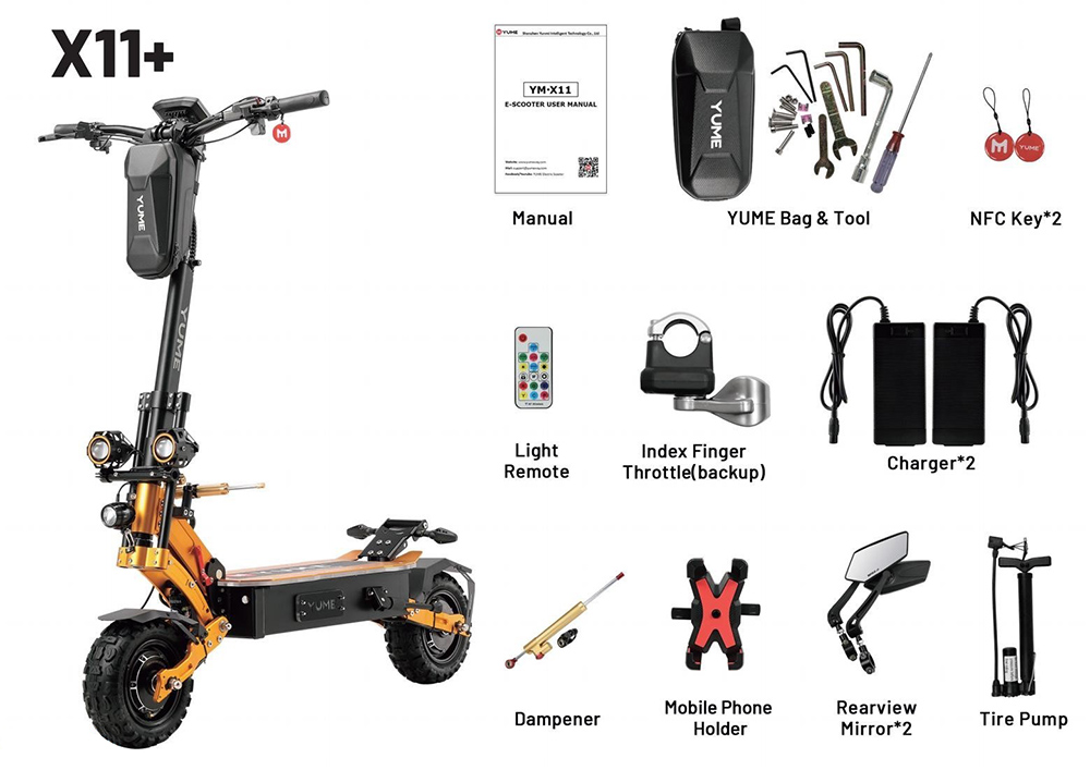 YUME X11  Electric Scooter  3000W*2 Motor  60V 27Ah Battery  11-inch Off-road Fat Tires  80km/h Max Speed  90km Max Range  EBS 