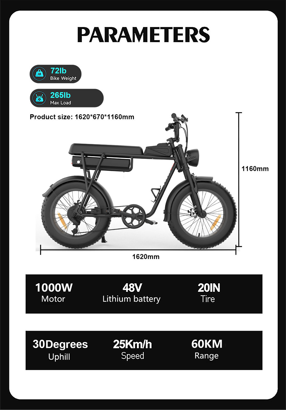 YAMALI FXH-006 Electric Bike 1000W Motor 48V 20Ah Battery 20*4'' Fat Tires 50km/h Max Speed 60km Range Shimano 7 Speed F
