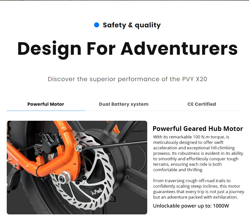 PVY X20 Electric Bike 1000W Motor 48V 30Ah Dual-battery 20*4 0'' Fat Tire 50km/h Max Speed 200km Max Range Hydraulic Disc