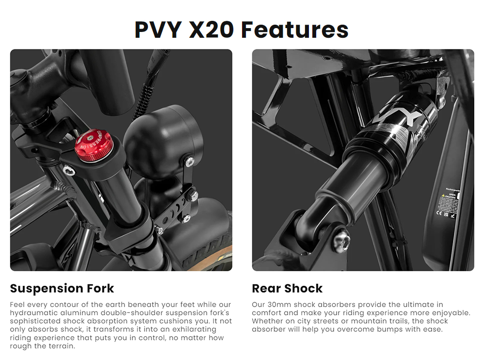 PVY X20 Electric Bike 1000W Motor 48V 30Ah Dual-battery 20*4 0'' Fat Tire 50km/h Max Speed 200km Max Range Hydraulic Disc