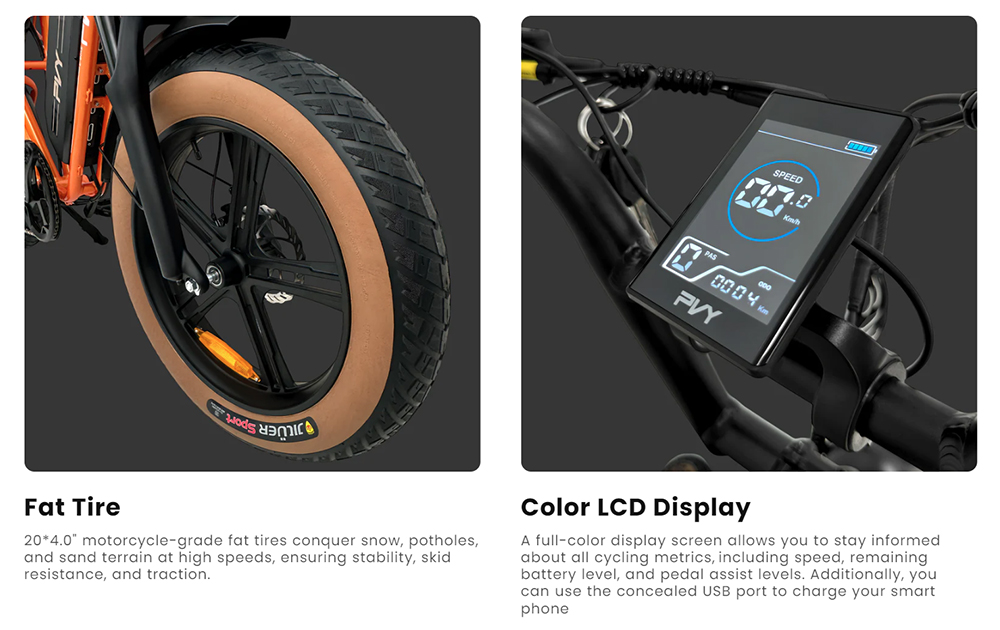 PVY X20 Electric Bike 1000W Motor 48V 30Ah Dual-battery 20*4 0'' Fat Tire 50km/h Max Speed 200km Max Range Hydraulic Disc