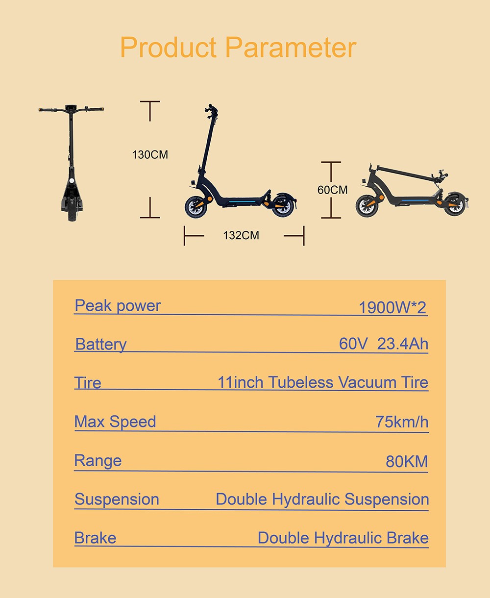 DT06 Electric Scooter 2*1900W Motor 60V 23 4Ah Battery 11-inch Tire 75km/h Max Speed 85km Range Dual Hydraulic Brake