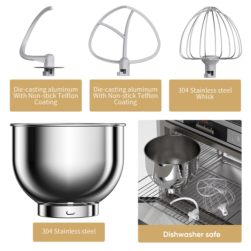 BioloMix BM602E 5L Kitchen Stand Mixer  1200W 11-Speeds DC Motor  Digital OLED Screen  Low Noise  with Dough Hook  Flat Beater