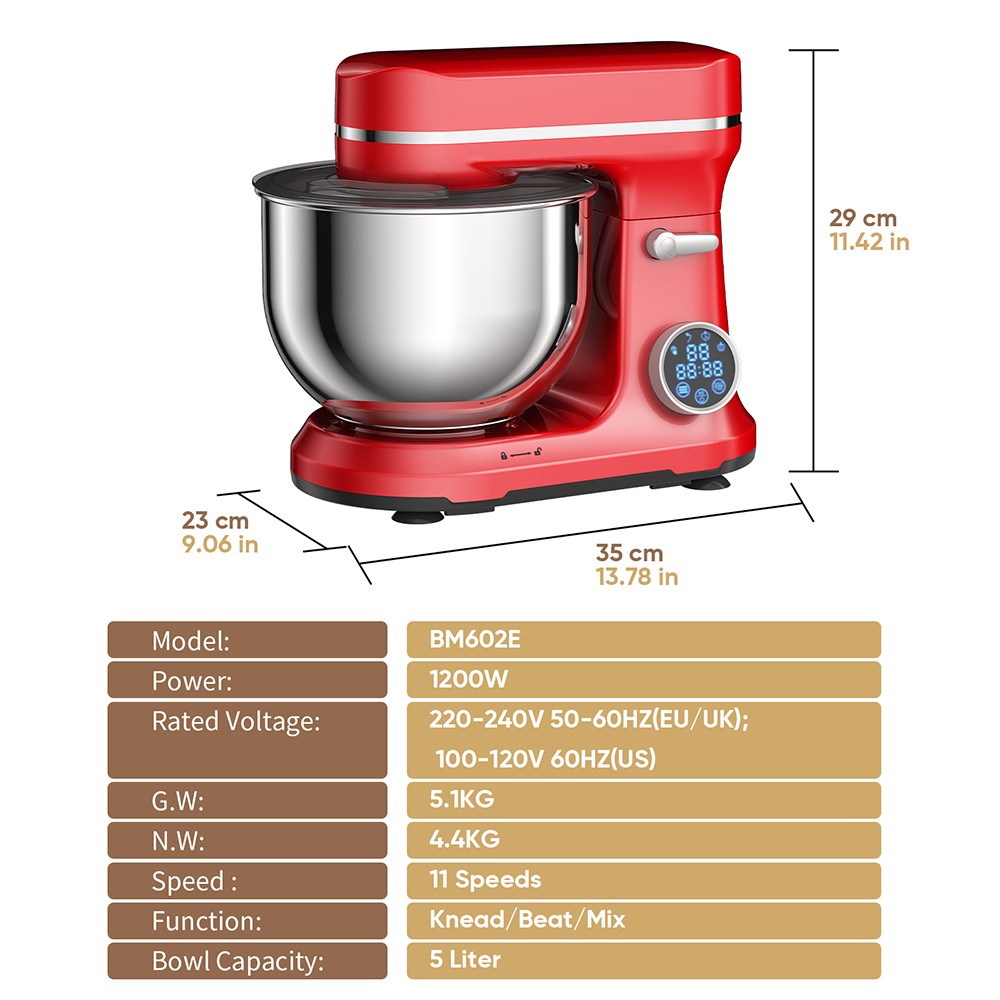 BioloMix BM602E 5L Kitchen Stand Mixer  1200W 11-Speeds DC Motor  Digital OLED Screen  Low Noise  with Dough Hook  Flat Beater