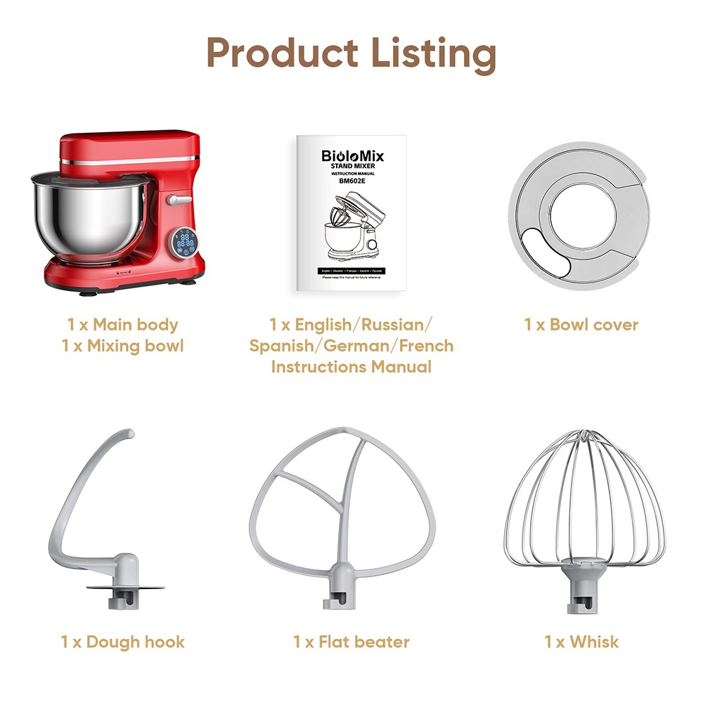 BioloMix BM602E 5L Kitchen Stand Mixer  1200W 11-Speeds DC Motor  Digital OLED Screen  Low Noise  with Dough Hook  Flat Beater
