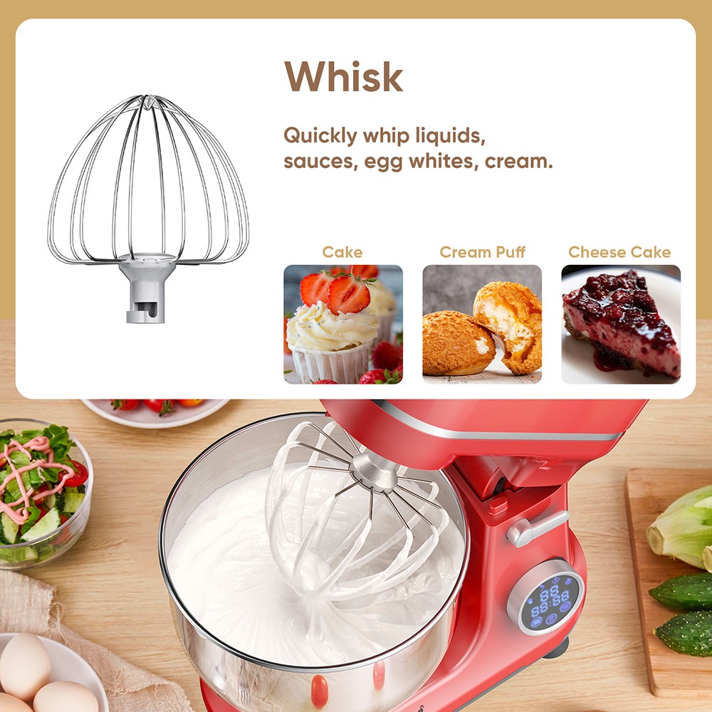 BioloMix BM602E 5L Kitchen Stand Mixer  1200W 11-Speeds DC Motor  Digital OLED Screen  Low Noise  with Dough Hook  Flat Beater