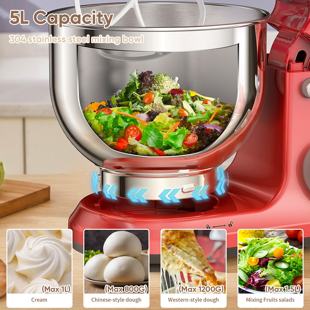 BioloMix BM602E 5L Kitchen Stand Mixer  1200W 11-Speeds DC Motor  Digital OLED Screen  Low Noise  with Dough Hook  Flat Beater