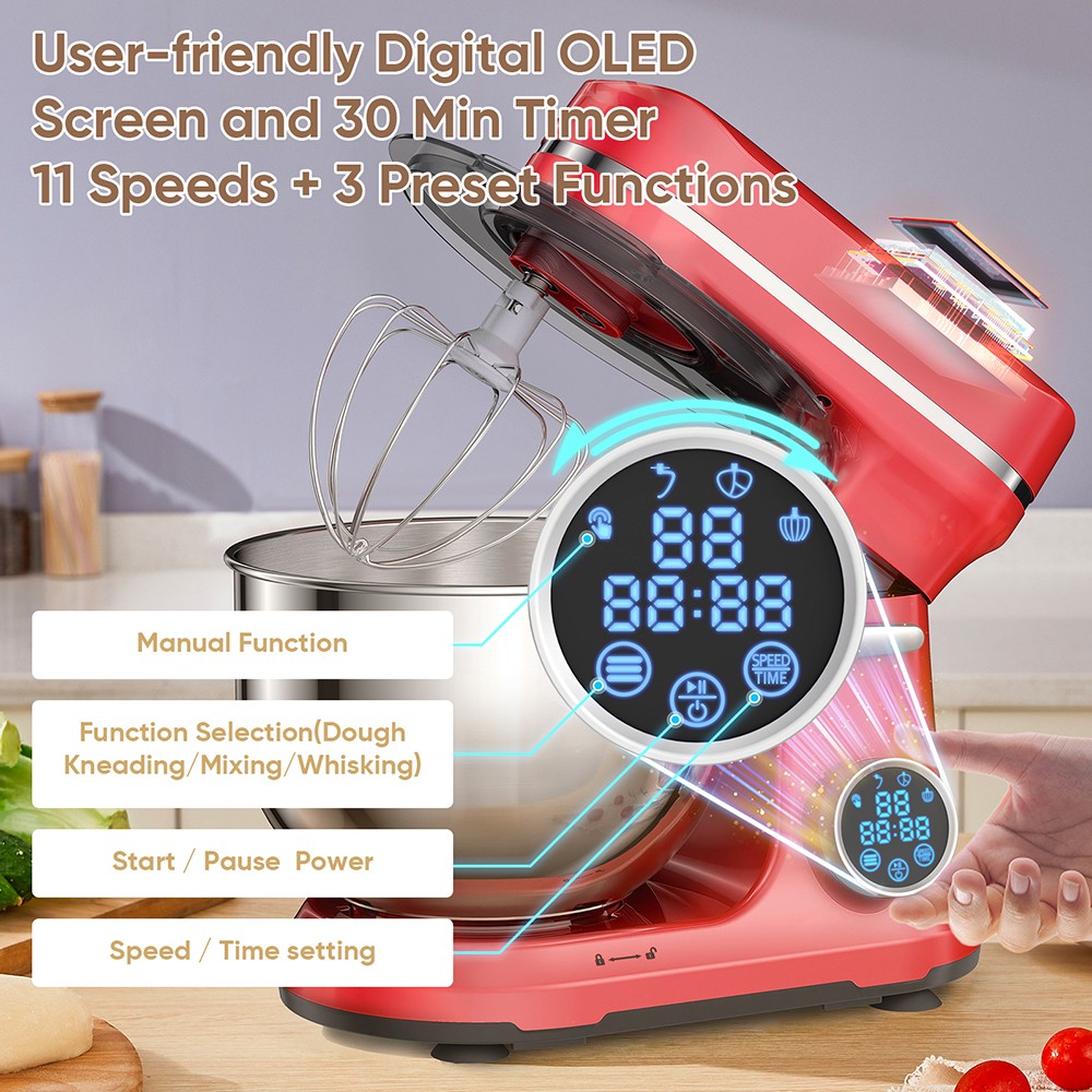 BioloMix BM602E 5L Kitchen Stand Mixer  1200W 11-Speeds DC Motor  Digital OLED Screen  Low Noise  with Dough Hook  Flat Beater