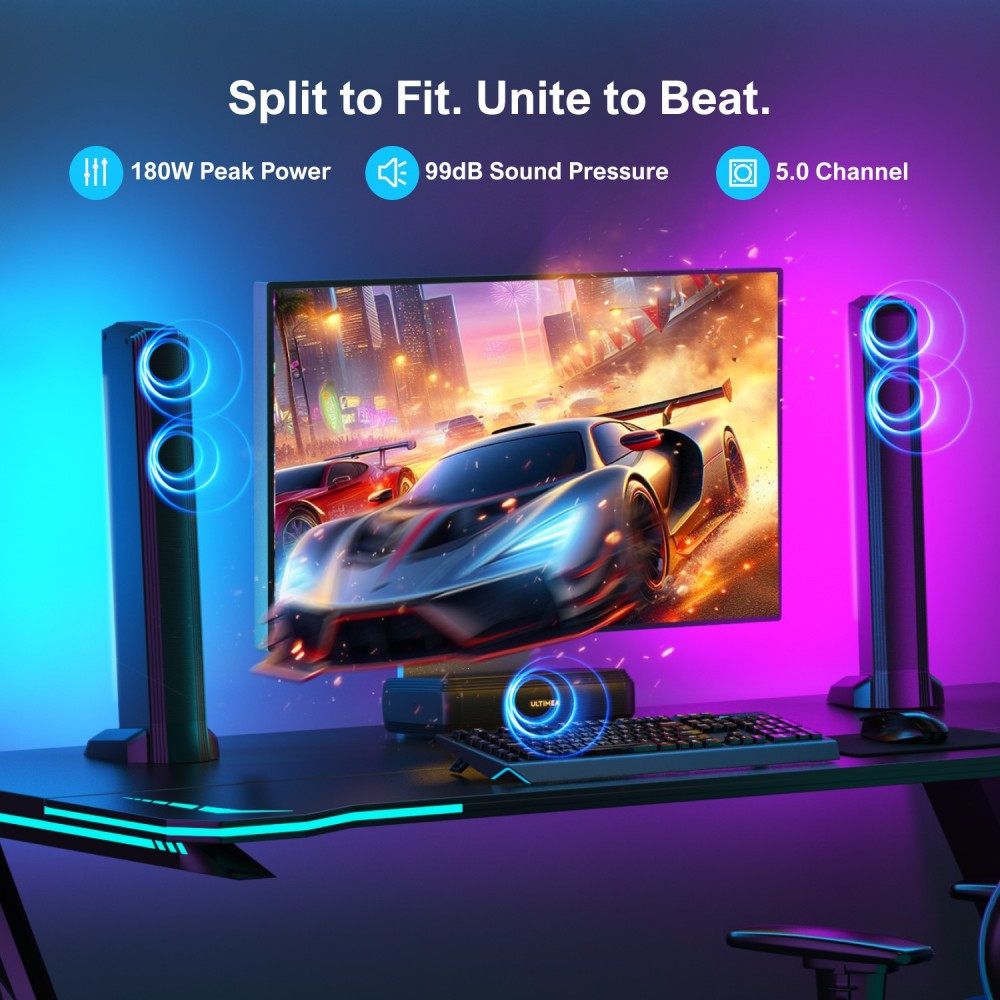Ultimea Apollo S70 Lighting Soundbar with 5 0 Channel  Detachable Design  APP control  Dynamic RGB Light  121 Preset EQ Matrice