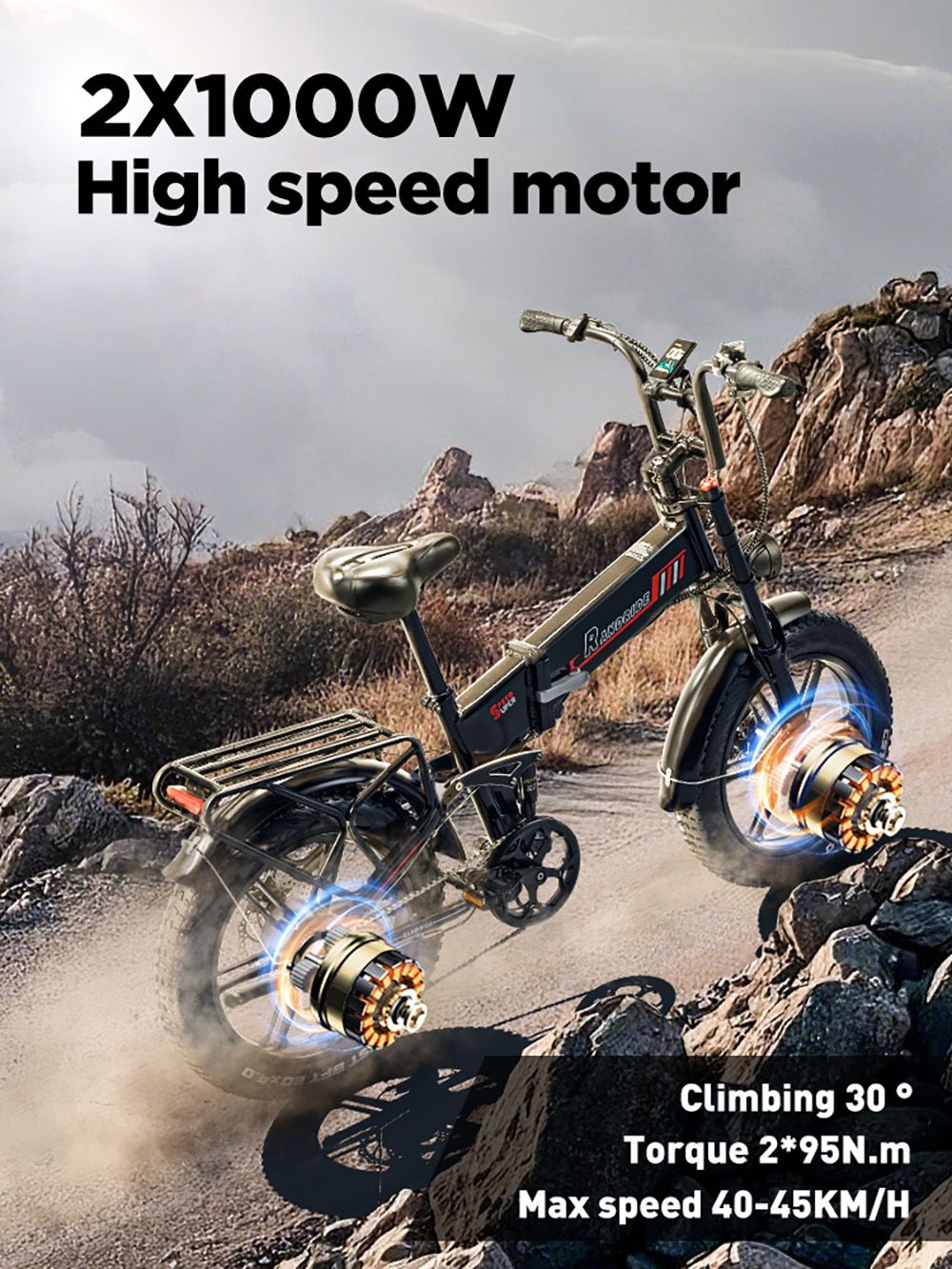 RANDRIDE YX20M-2 Electric Bike  1000W*2 Motor  48V 20Ah Battery  20*4 0-inch Fat Tires  45km/h Max Speed  60km Range  Hydraulic