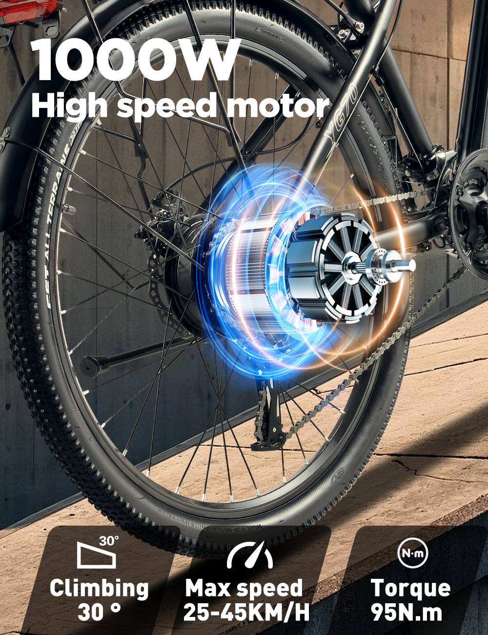 RANDRIDE YG70 Electric Bike  1000W Motor  48V 14Ah Battery  27 5*1 95 inch Tire  45km/h Max Speed  50km Range  Mechanical Brake