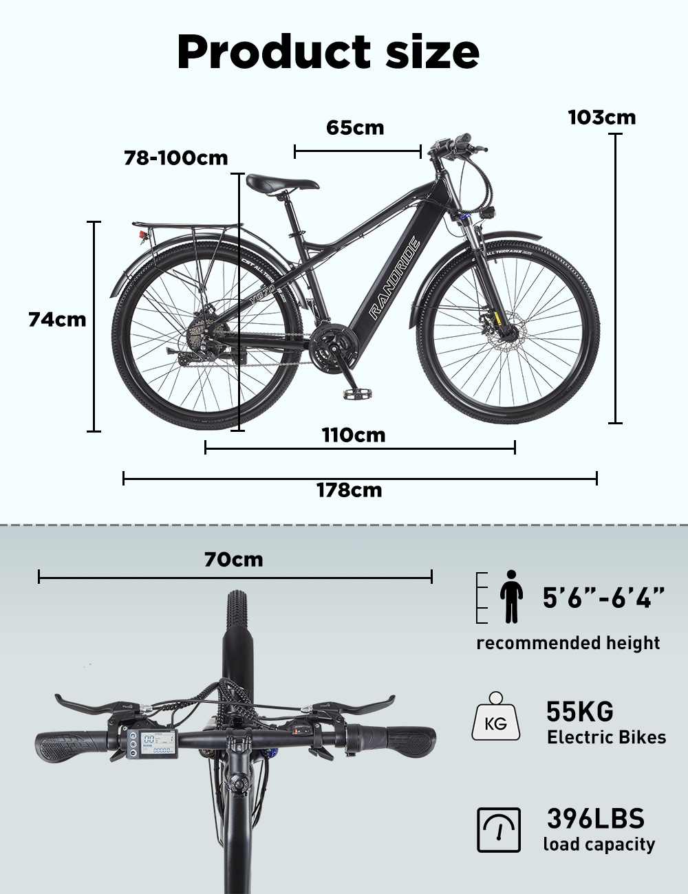 RANDRIDE YG70 Electric Bike  1000W Motor  48V 14Ah Battery  27 5*1 95 inch Tire  45km/h Max Speed  50km Range  Mechanical Brake