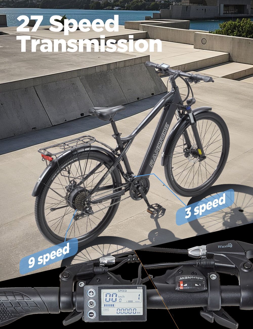 RANDRIDE YG70 Electric Bike  1000W Motor  48V 14Ah Battery  27 5*1 95 inch Tire  45km/h Max Speed  50km Range  Mechanical Brake