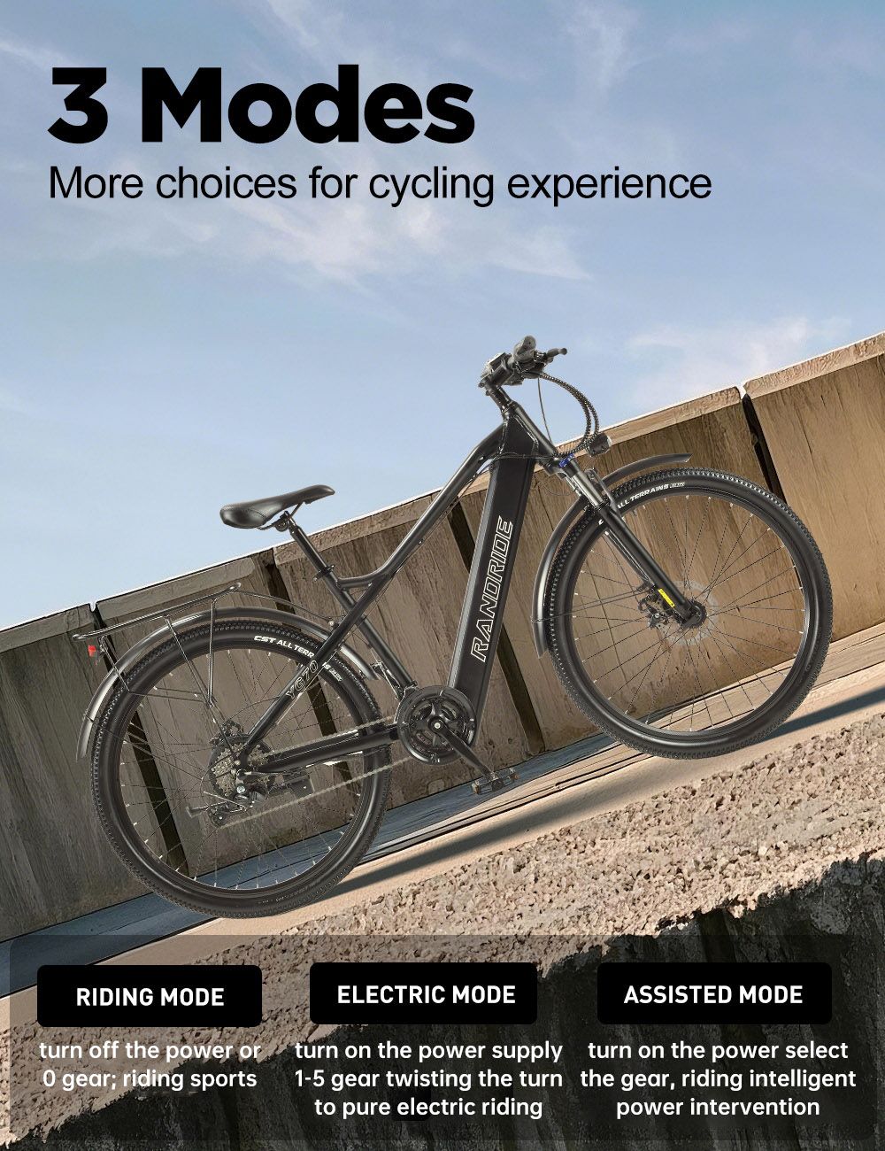 RANDRIDE YG70 Electric Bike  1000W Motor  48V 14Ah Battery  27 5*1 95 inch Tire  45km/h Max Speed  50km Range  Mechanical Brake