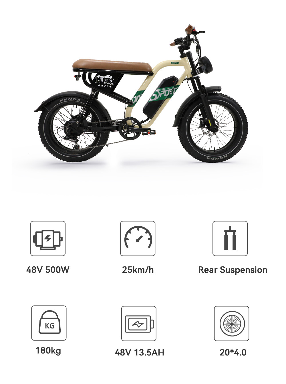 ONESPORT W66 Electric Bike  500W Motor  48V 13 5Ah Battery  20*4 0 inch Tire  25km/h Max Speed  100km Range  Front 