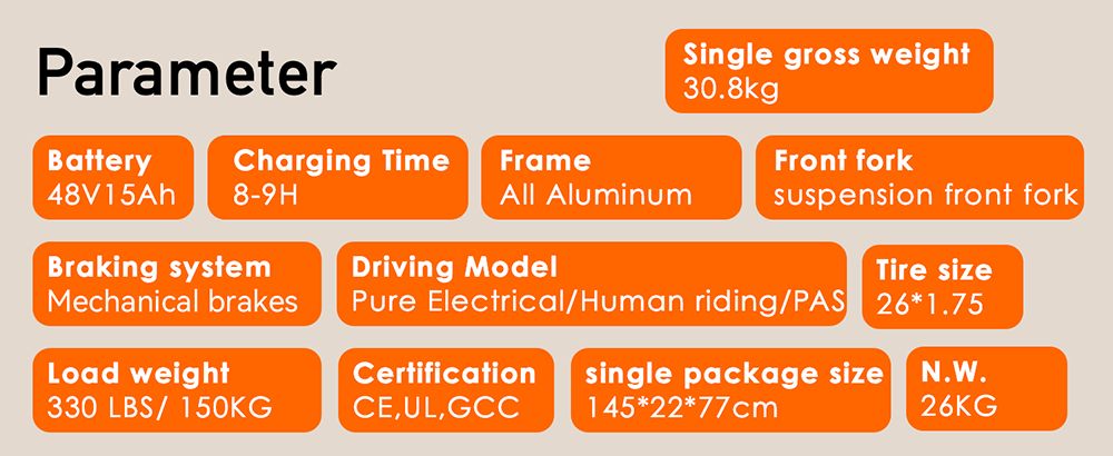 Orlms City 26 Electric Bike 500W Motor 48V 15Ah Battery 26*1 75 inch Tires 45km/h Max Speed 55km Max Range Mechanical Dis