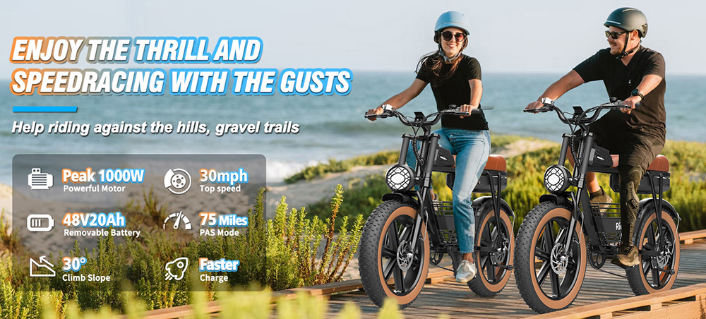 Ridstar CR20 Electric Bike 1000W Motor 48V 20Ah Battery 20*4 0 inch Fat Tires 48km/h Max Speed 70km Max Range Front