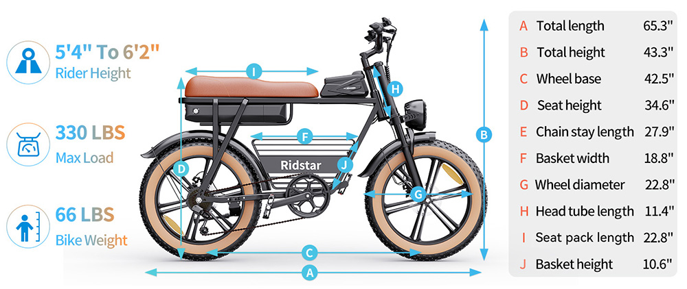 Ridstar CR20 Electric Bike 1000W Motor 48V 20Ah Battery 20*4 0 inch Fat Tires 48km/h Max Speed 70km Max Range Front