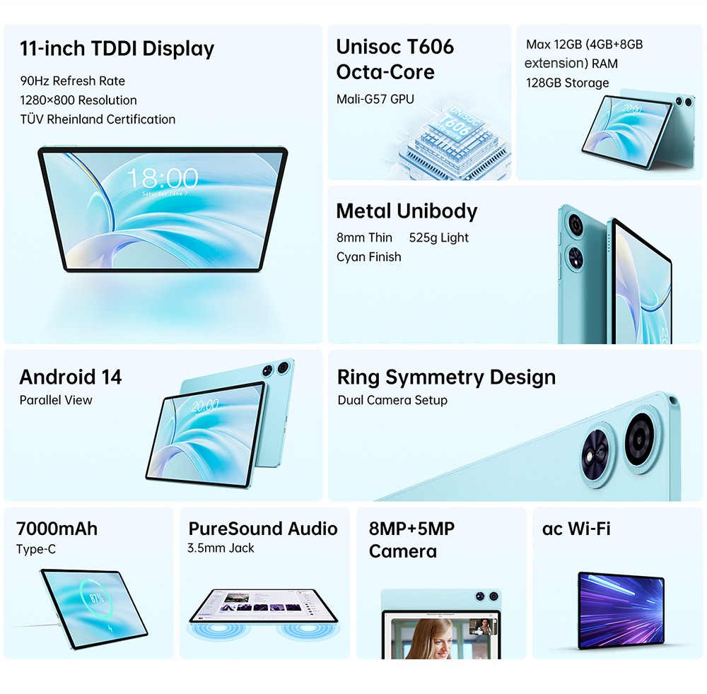 Teclast P50 Case Android 14 tablet 11 inch 1280*800 Touchscreen UNISOC T606 Octa-Core 1 6GHz 4GB 8GB Expansion RAM 128GB ROM