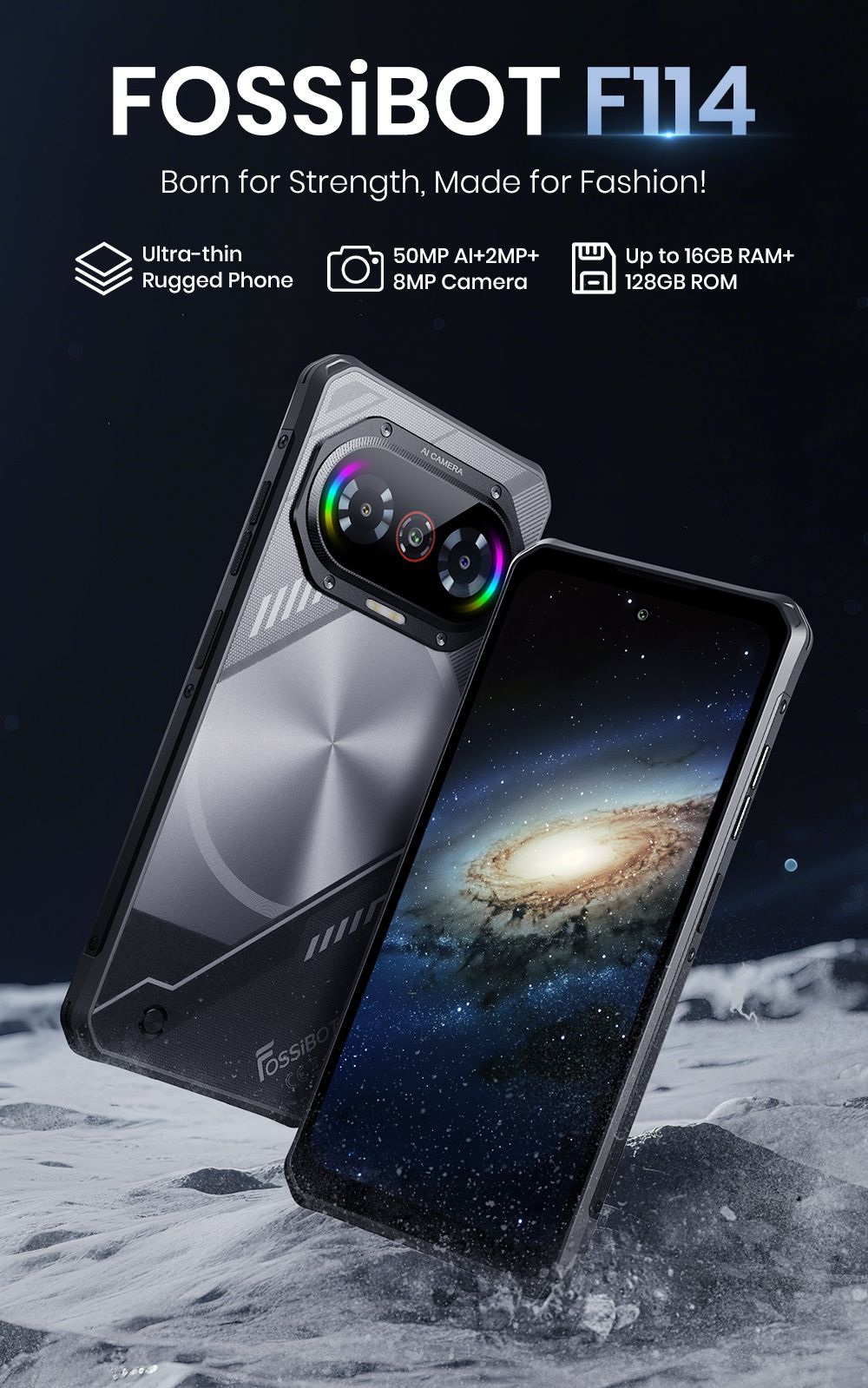FOSSiBOT F114 Rugged Phone 6 67-inch 4GB 128GB Android 15 50MP Camera 5000mAh Battery IP68/IP69K NFC/Face ID/GPS Black