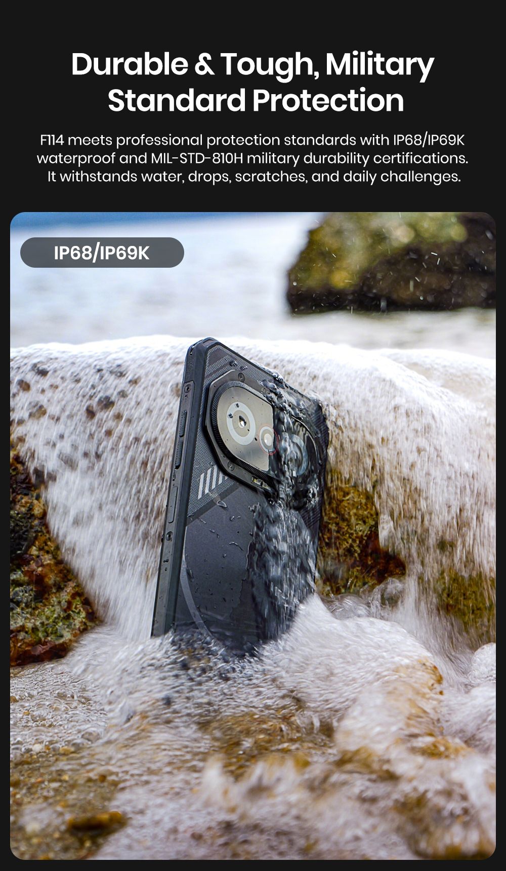 FOSSiBOT F114 Rugged Phone 6 67-inch 4GB 128GB Android 15 50MP Camera 5000mAh Battery IP68/IP69K NFC/Face ID/GPS Black