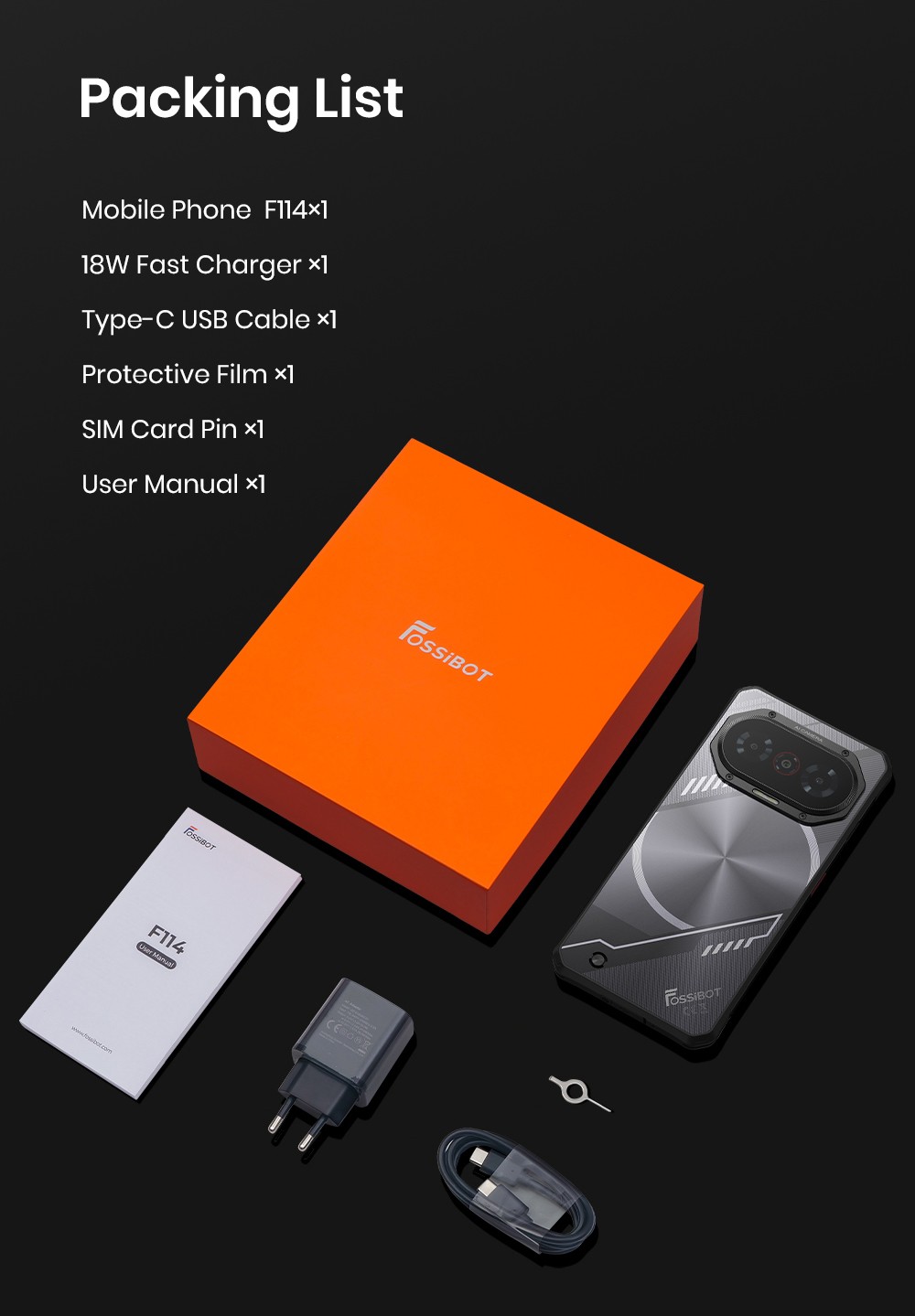 FOSSiBOT F114 Rugged Phone 6 67-inch 4GB 128GB Android 15 50MP Camera 5000mAh Battery IP68/IP69K NFC/Face ID/GPS Black