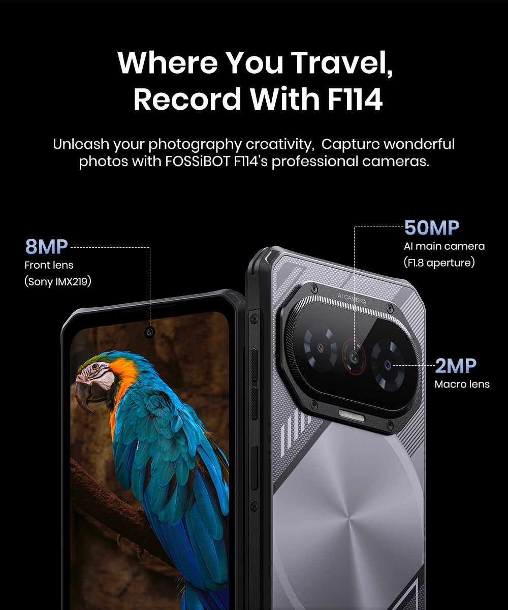 FOSSiBOT F114 Rugged Phone 6 67-inch 4GB 128GB Android 15 50MP Camera 5000mAh Battery IP68/IP69K NFC/Face ID/GPS Black