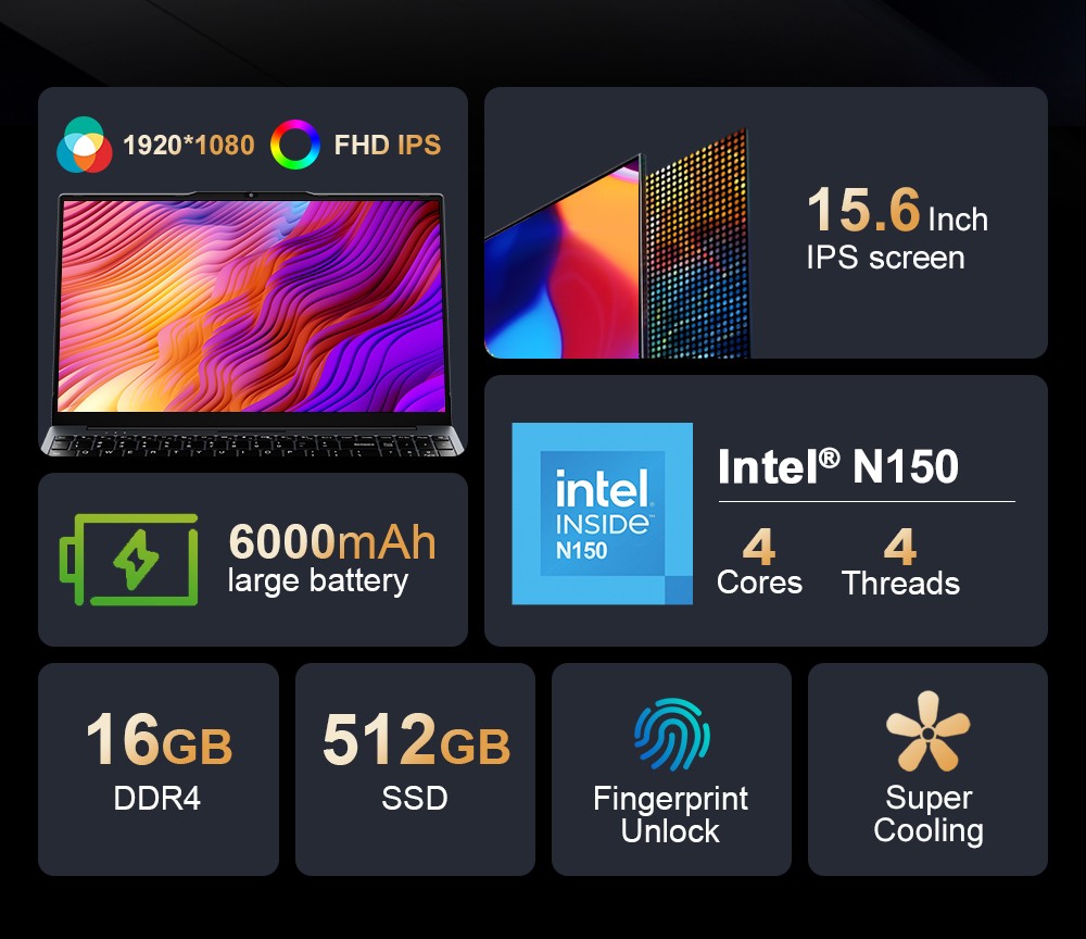 Ninkear N15 Air Laptop  15 6 inch 1920x1080 IPS Screen  Intel N150 4 Core Max 3 6GHz  16GB RAM 512GB SSD  2 4/5GHz WiFi Bluetoo