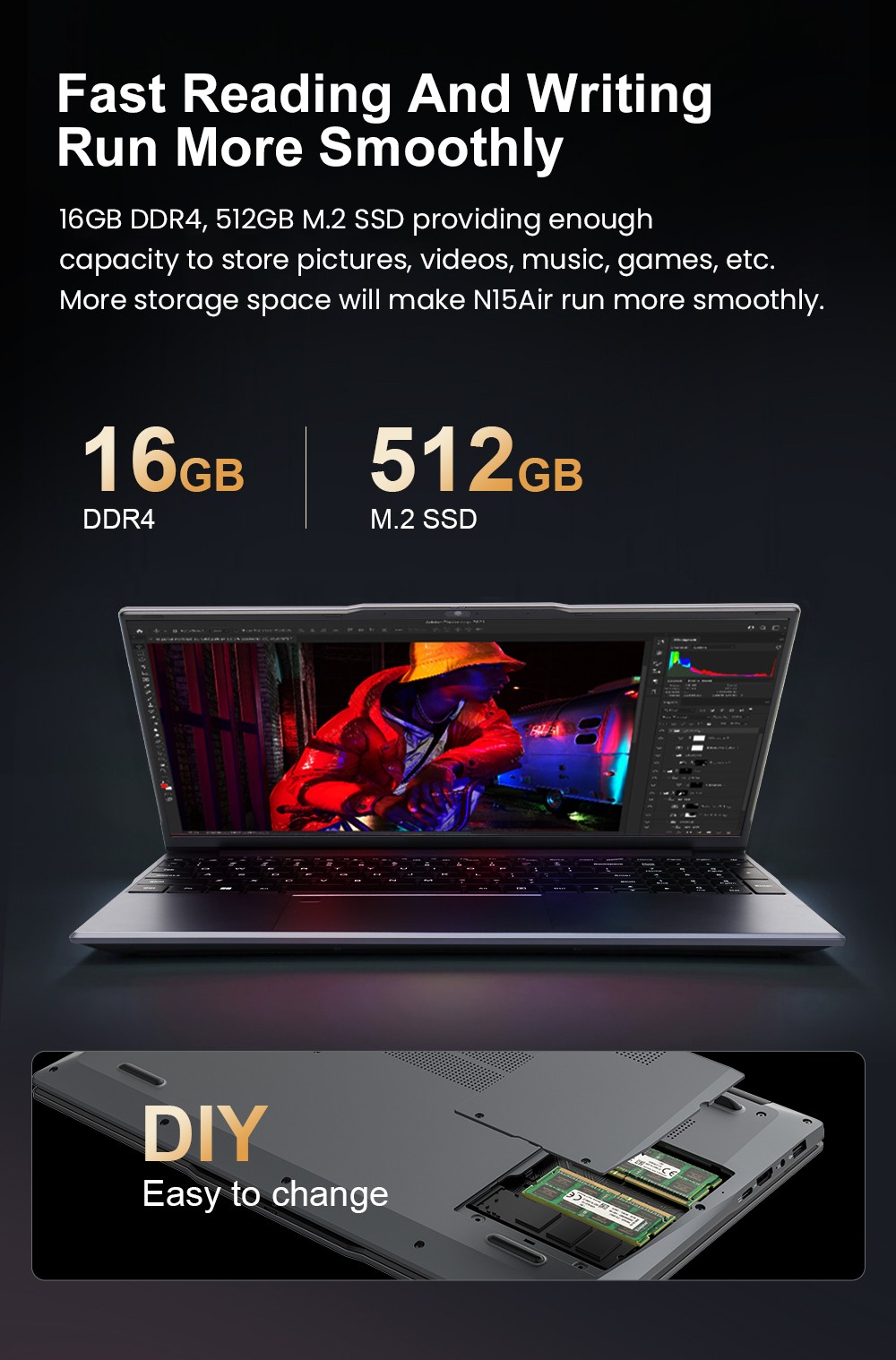 Ninkear N15 Air Laptop  15 6 inch 1920x1080 IPS Screen  Intel N150 4 Core Max 3 6GHz  16GB RAM 512GB SSD  2 4/5GHz WiFi Bluetoo
