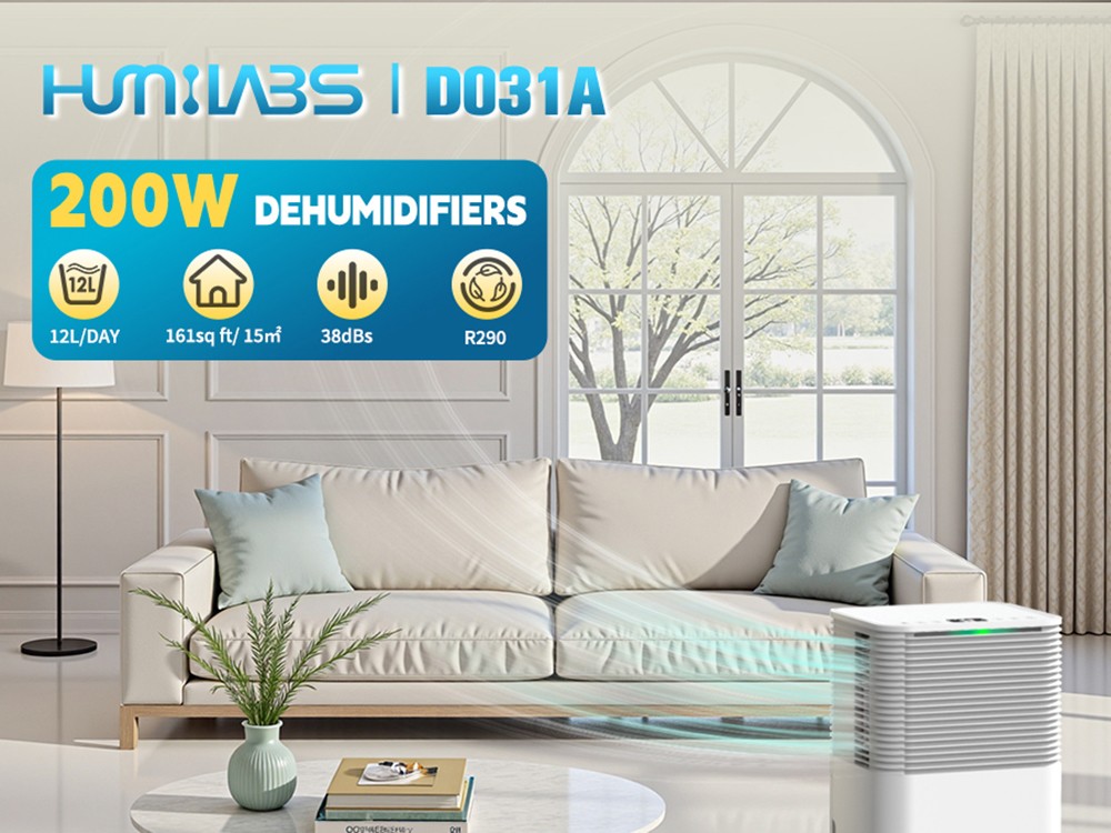HUMILABS OL12-BD031A Portable Dehumidifier  12L Dehumidify Capacity  3 Modes  Auto/Manual Drainage  24-Hour Timer  Low Noise
