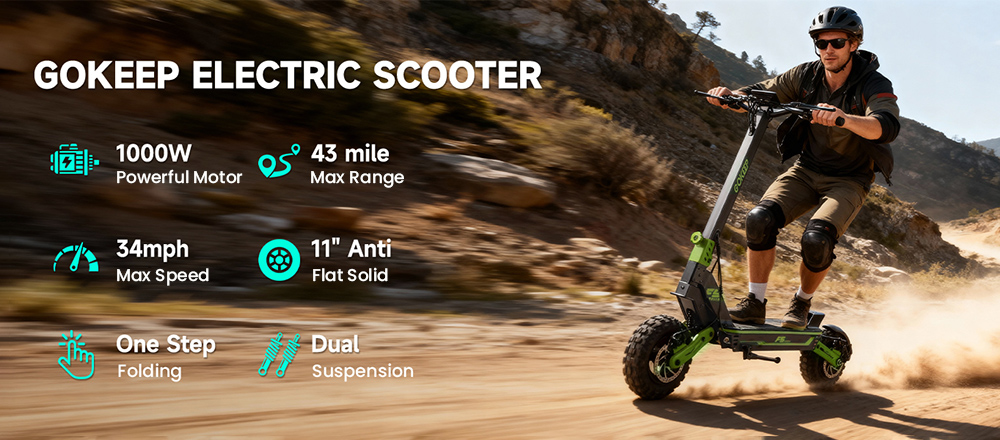 GOKEEP F5 Electric Scooter  1000W Motor  52V 20Ah Battery  11 inch Tires  55km/h Max Speed  80km Max Range  Front 