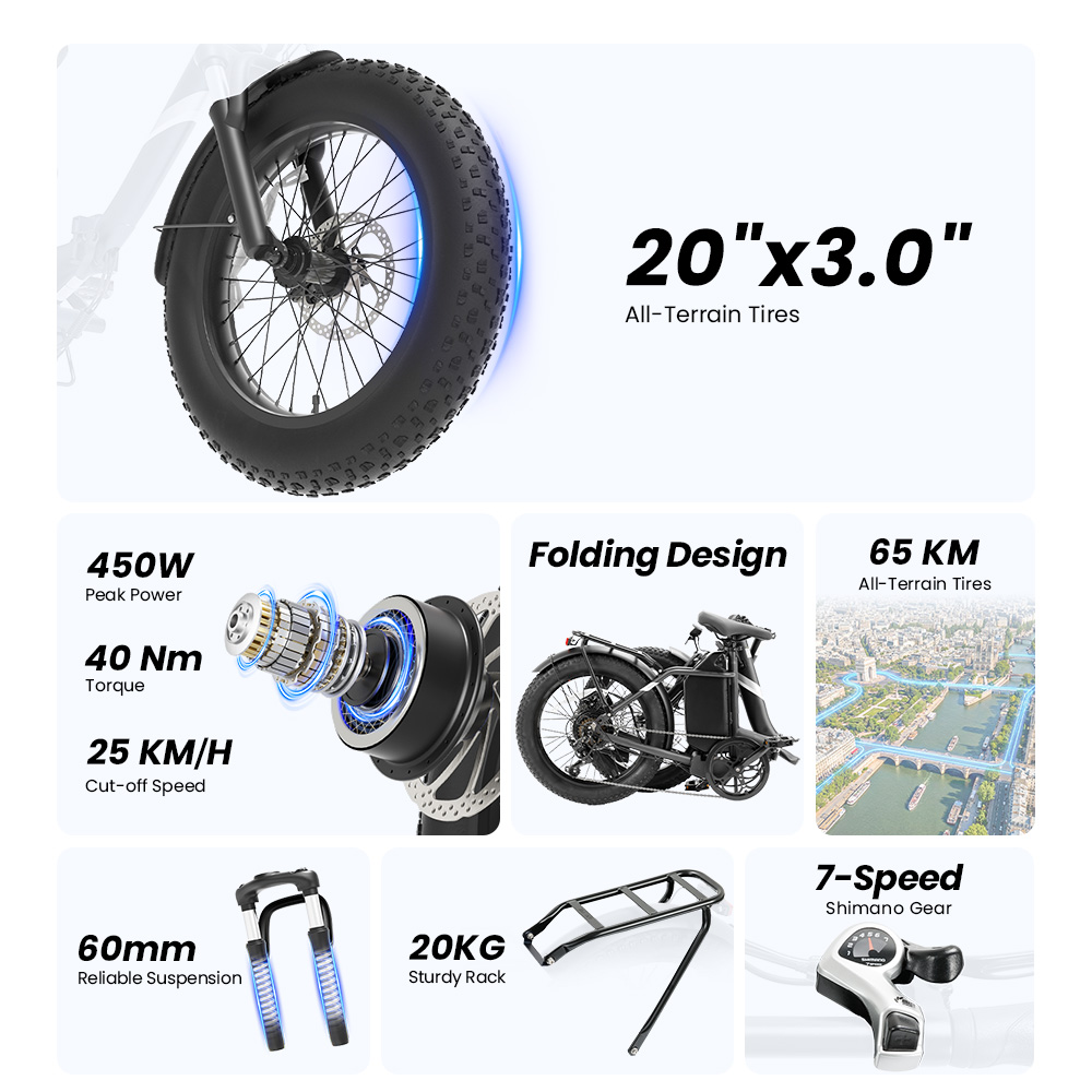 Touroll S3 Step-Thru Electric Bike 250W Motor 36V 13Ah Battery 20'×3 0' Tires 25km/h Max Speed 65km Max Range Dual Disc
