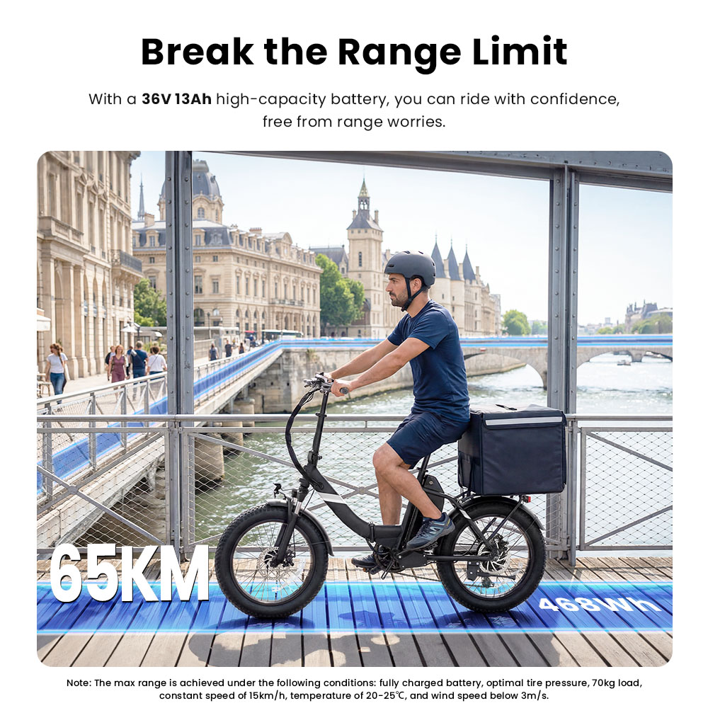 Touroll S3 Step-Thru Electric Bike 250W Motor 36V 13Ah Battery 20'×3 0' Tires 25km/h Max Speed 65km Max Range Dual Disc